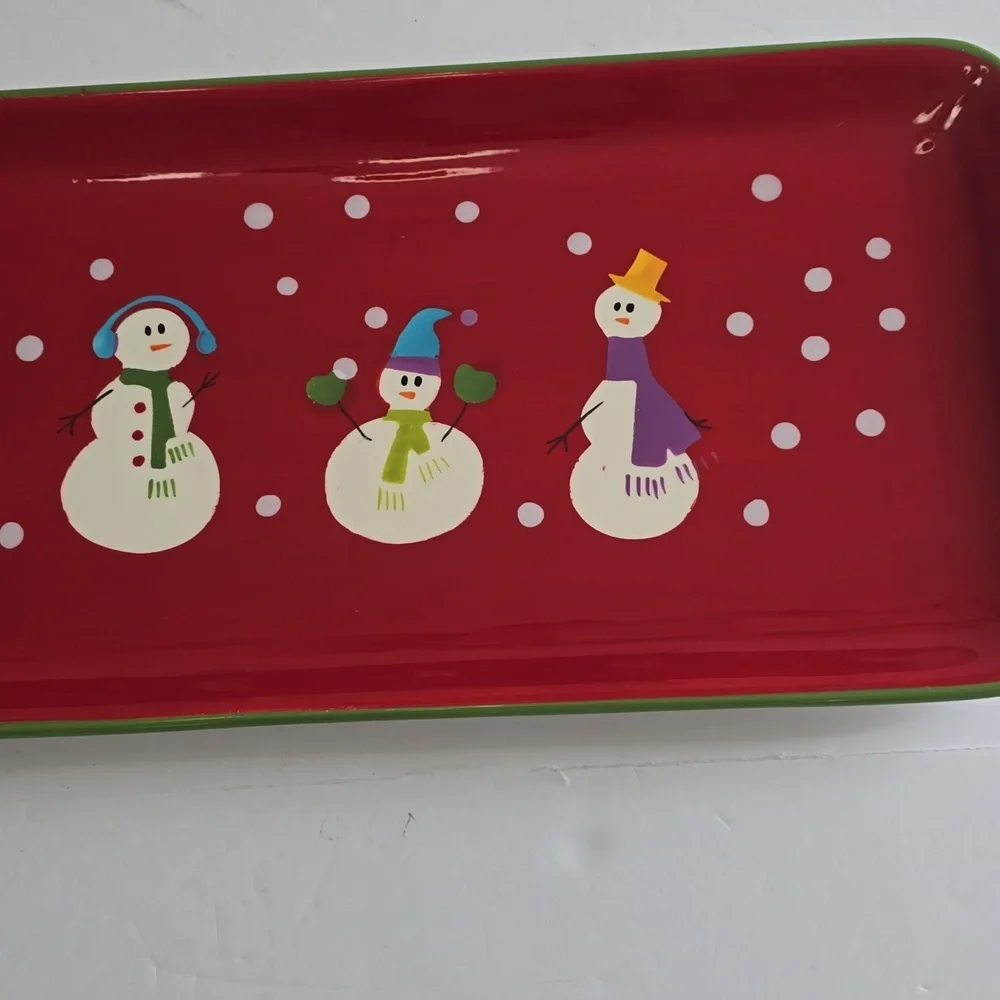 Pier 1 Retired Snowman Family Serving Platter Handpainted Dolomite Red 18.5